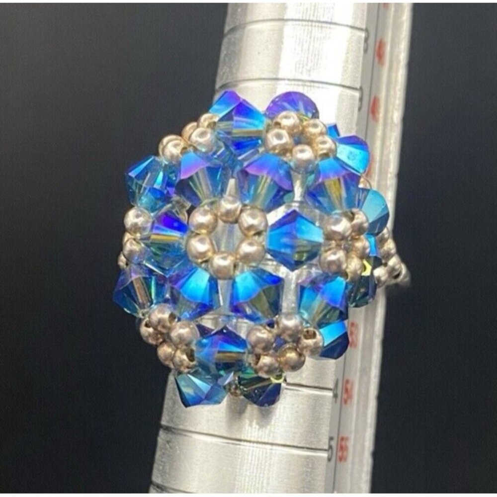 Tested Sterling Silver Ring Blue AB Bicone Crystal Dome Woven Bead Size 6 Floral - Picture 8 of 12